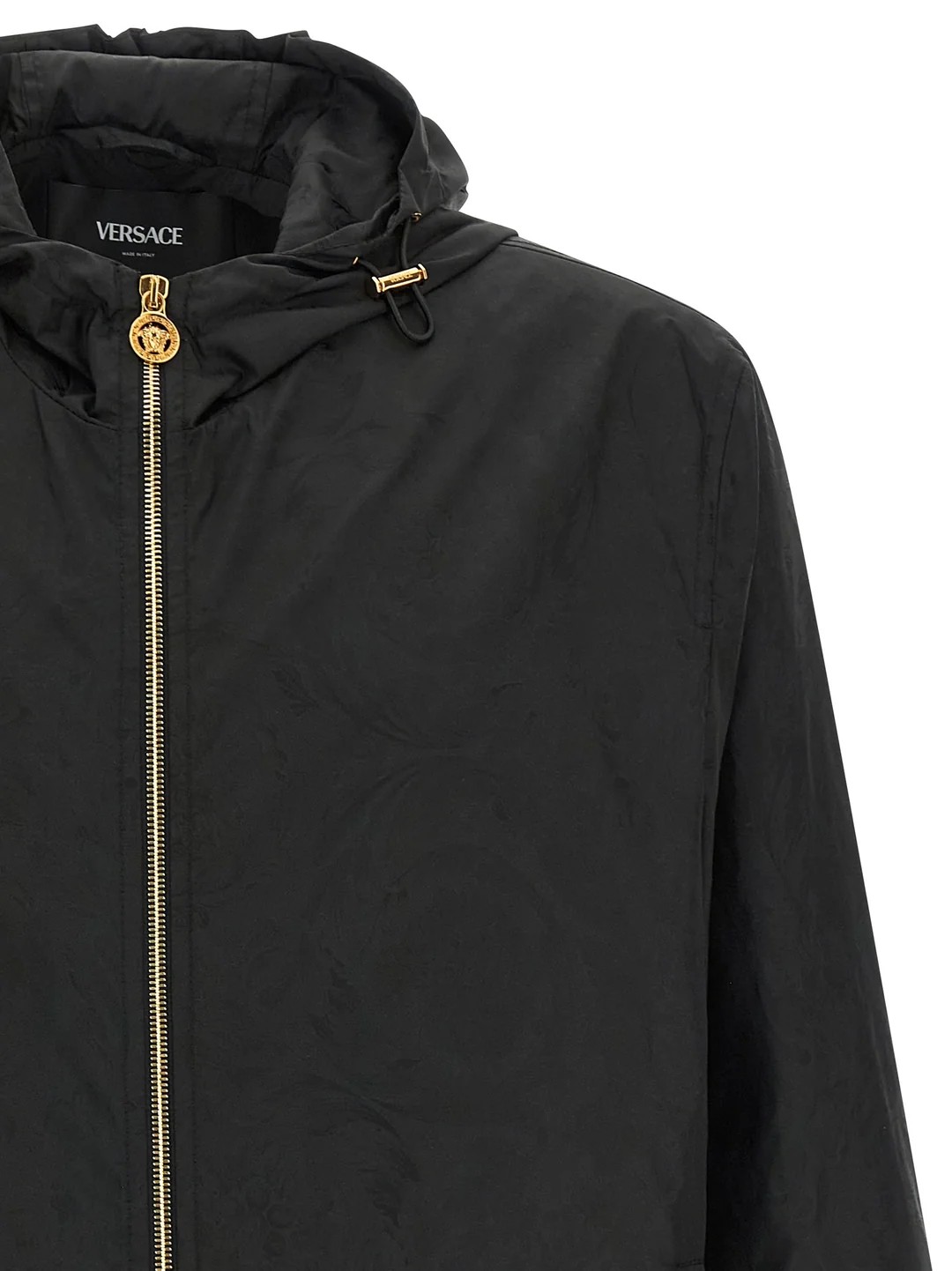 Versace Giacca Giubbino Nero con Cappuccio e Zip Dorata