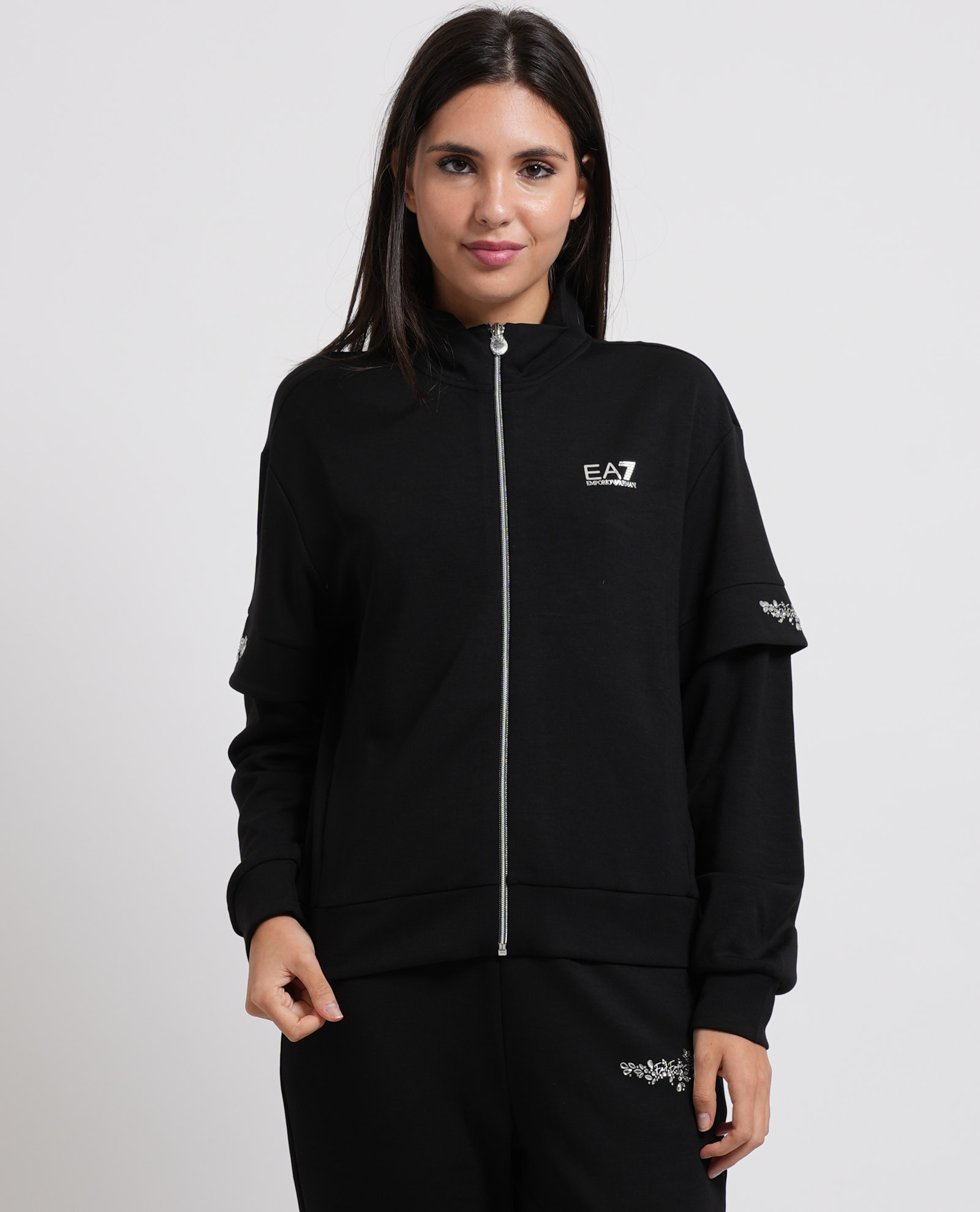 Full Zip Sweatshirt mit Strass Details auf Damen Armeln schwarz