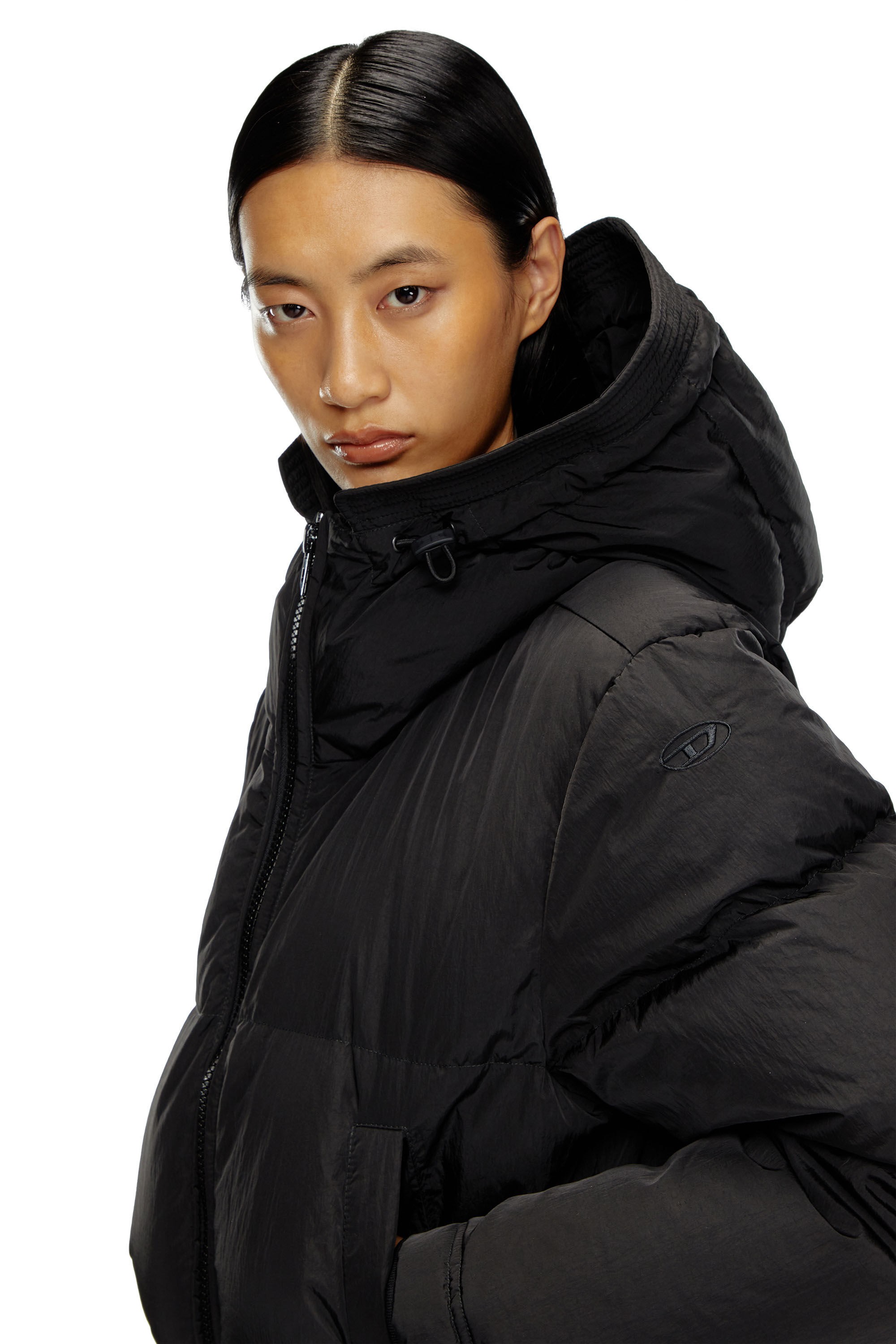 DIESEL Giacca Crop Nera in Nylon con Cappuccio