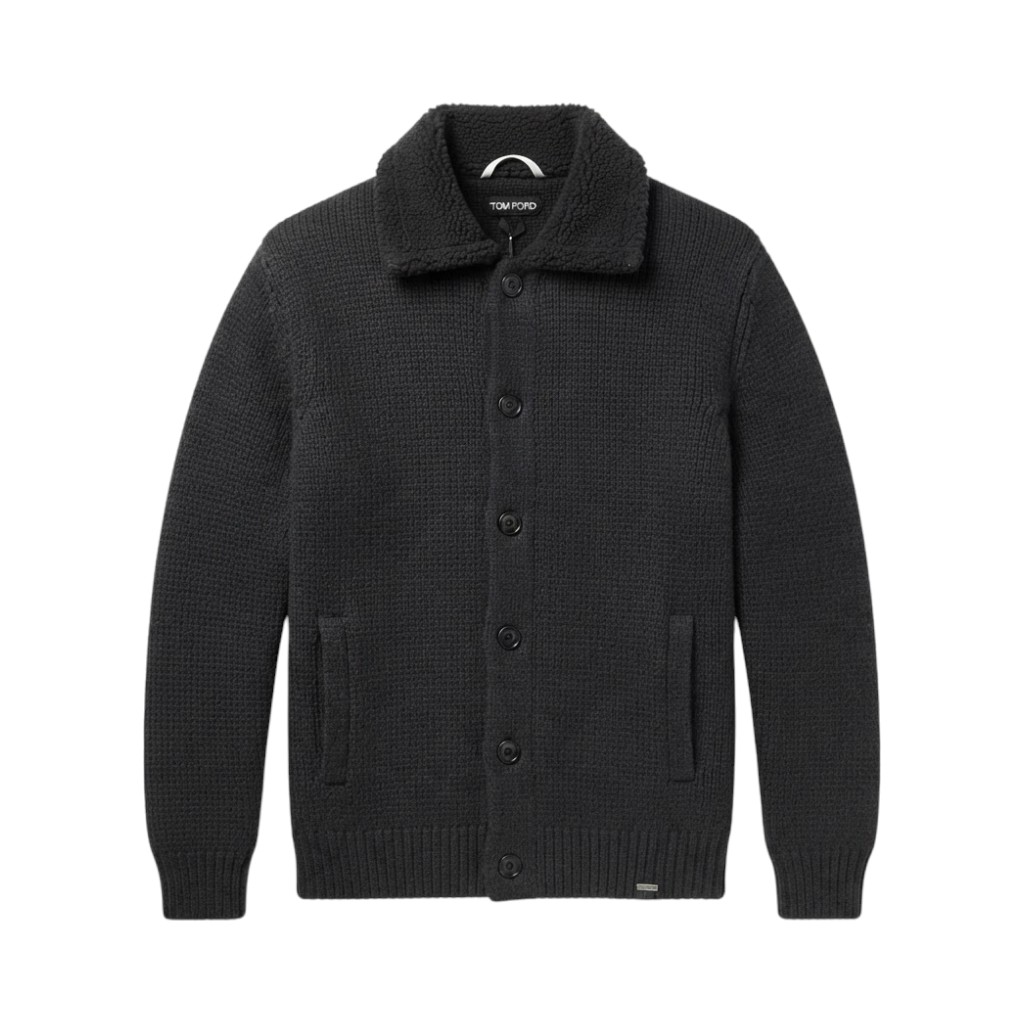 TOM FORD Giacca Cardigan Nero con Collo in Pelliccia e Dettagli in Pelle