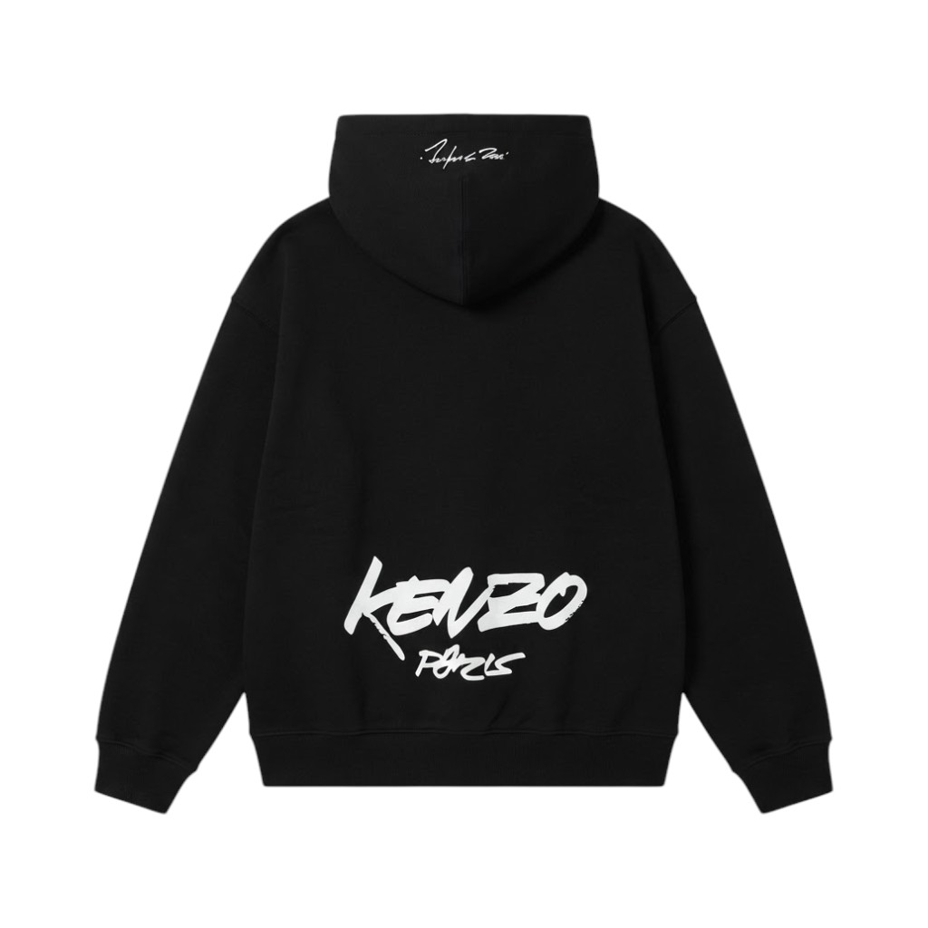 KENZO Felpa Nera con Logo e Applicazione Floreale