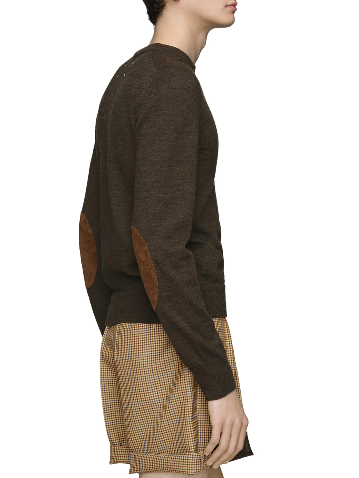 MAISON MARGIELA Maglieria Girocollo Blu con Toppe in Suede