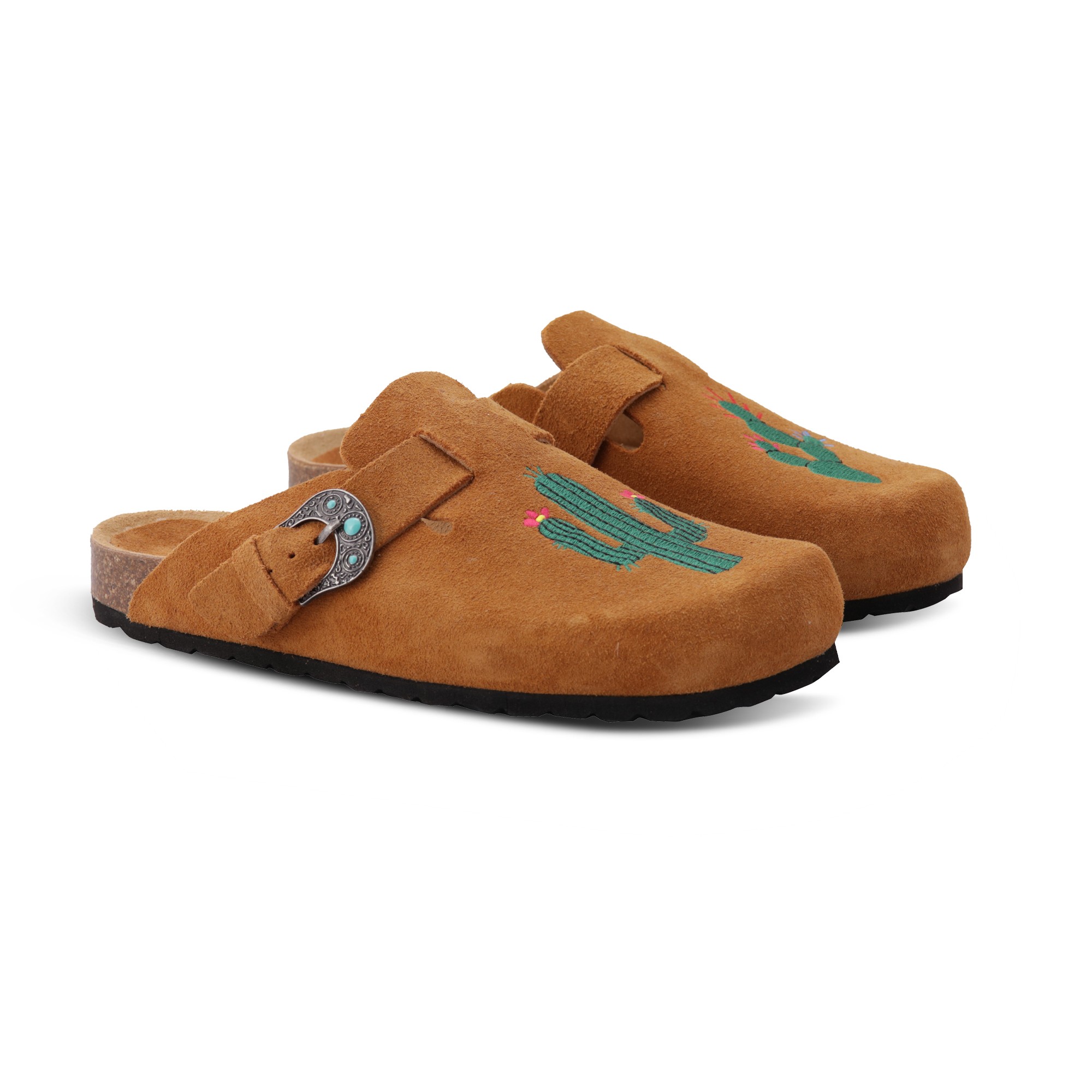 Taji Sandalias Sabot Man en Suede Setter con Embroides Cactus y Piedras Turquesas