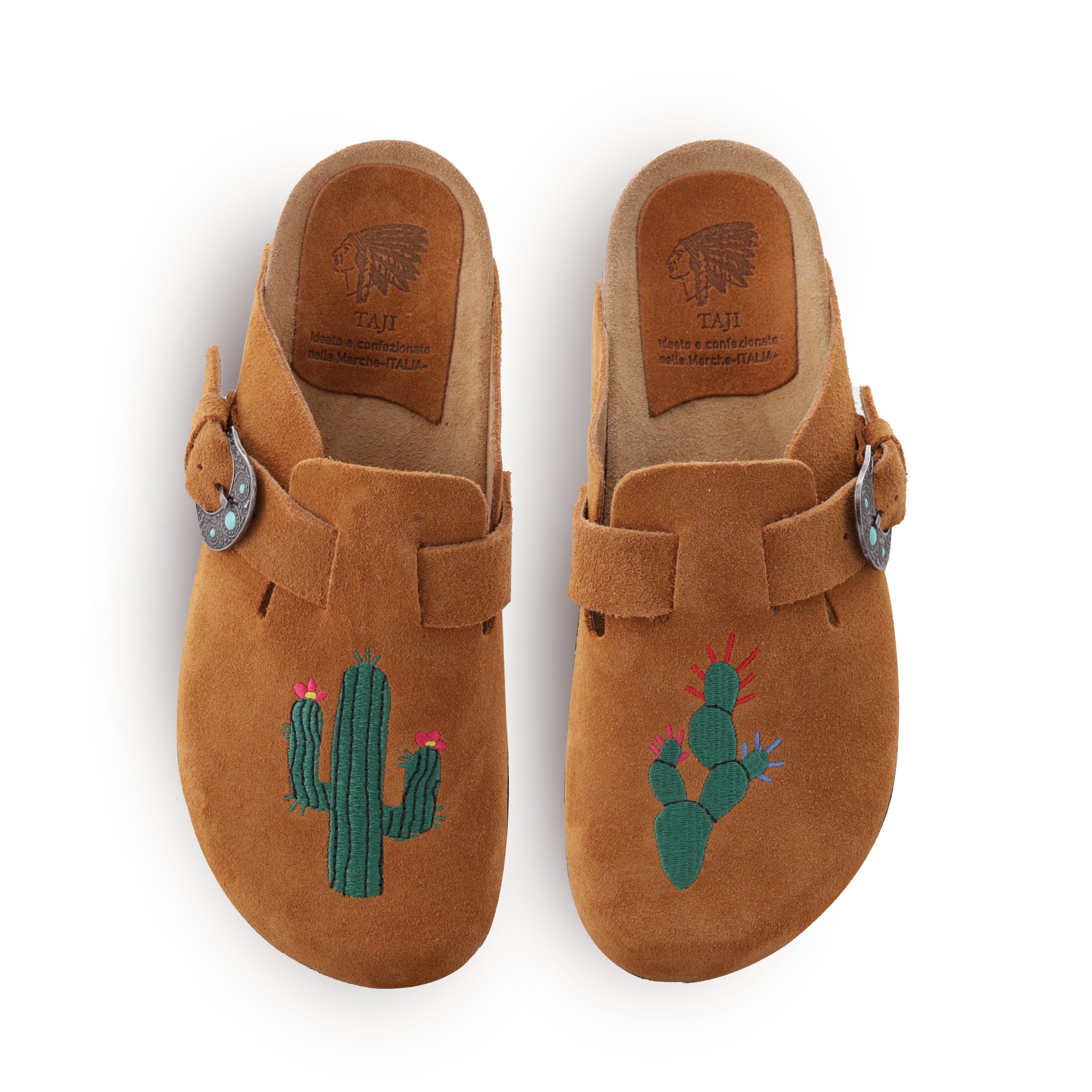 Taji Sandalias Sabot Man en Suede Setter con Embroides Cactus y Piedras Turquesas