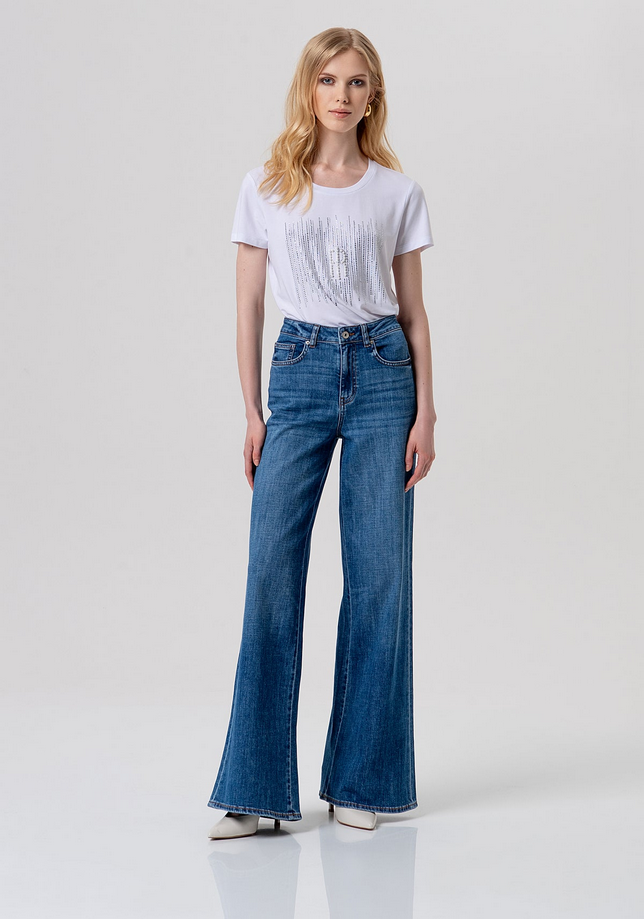 Jeans con fondo ampio donna blu medio