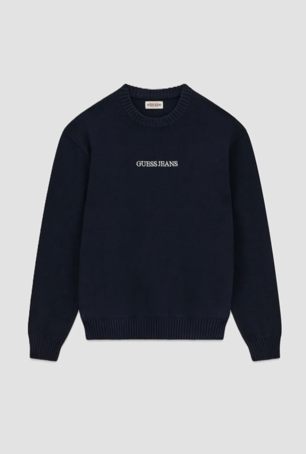 blauwe man geborduurde trui