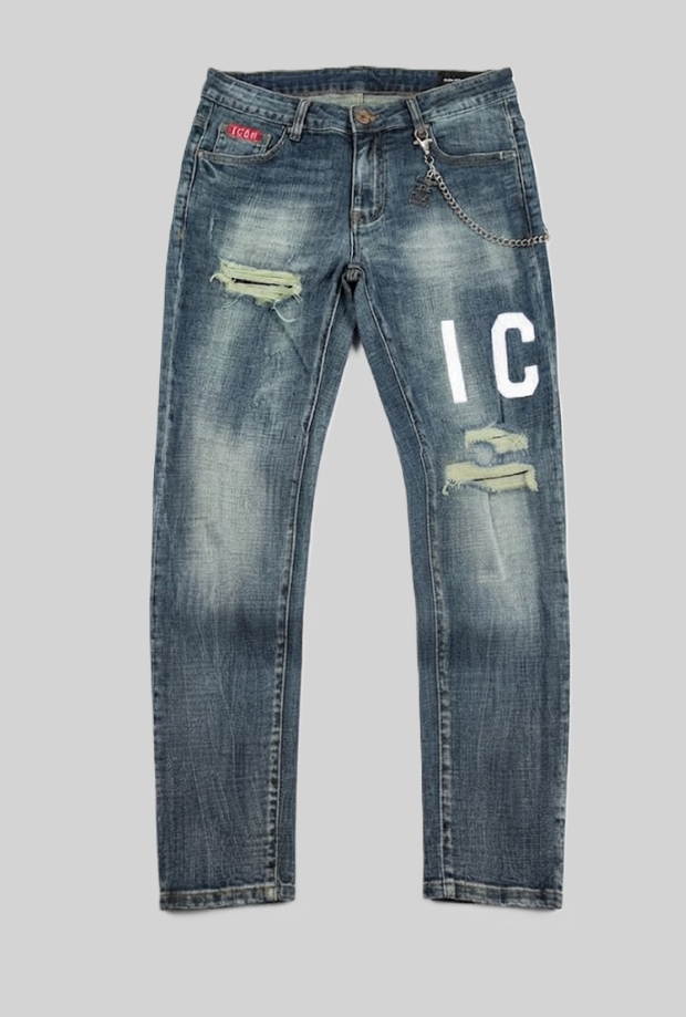 jean met logo voorkant achterkant man blauw medium