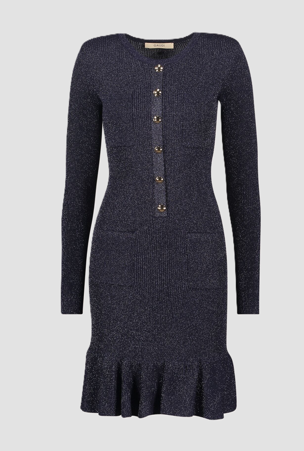 gebreide jurk met blauwe knopen