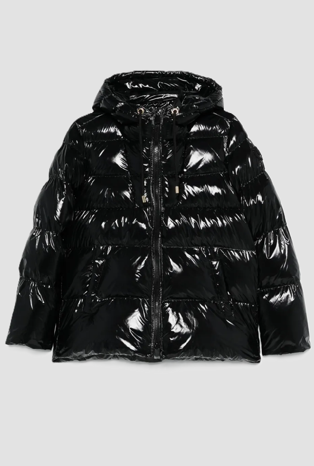 brillante duvet con capucha de mujer negra