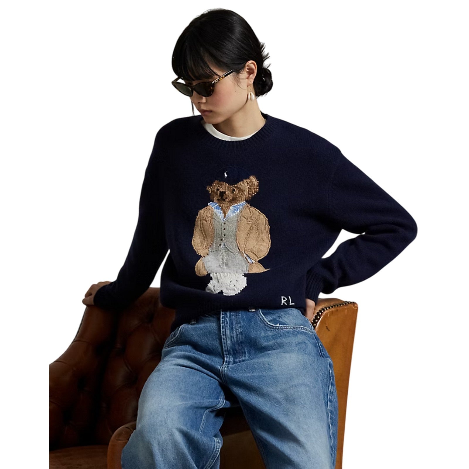 Polo Ralph Lauren Blue Crewneck Sweater With Maxi Logo Bear On The Front In Wool And Cashmere Woman In Blue