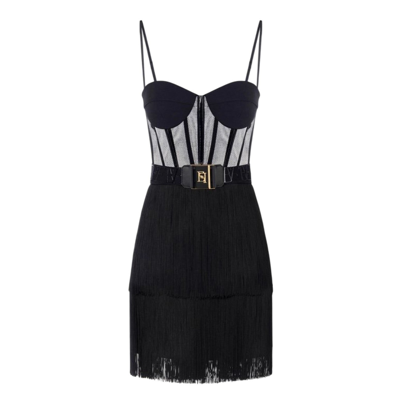 Elisabetta Franchi Mini Dress In Tulle And Fringes In Black