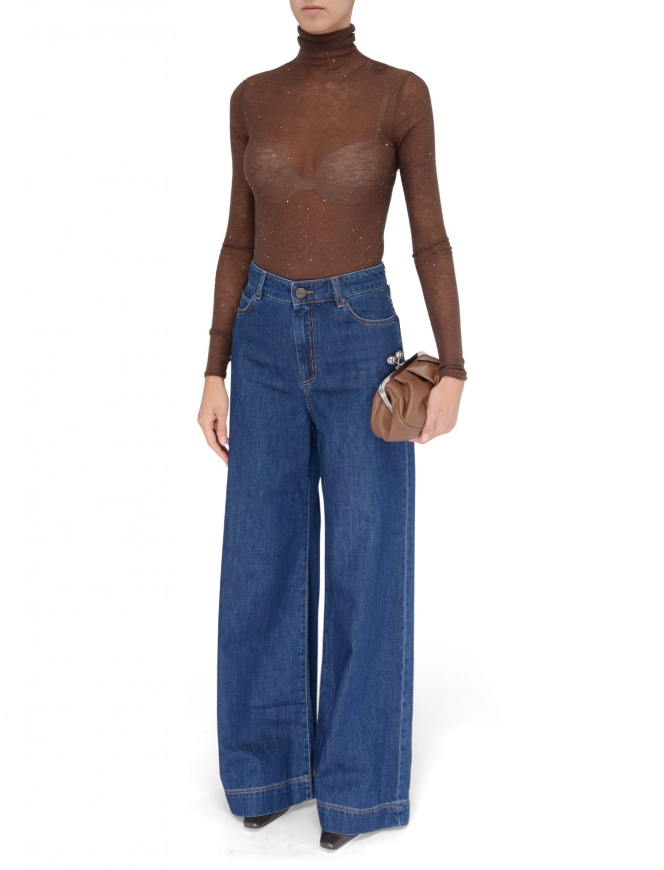 Pinko Fitted Brown Turtleneck Sweater With Subtle Sparkle In Brown