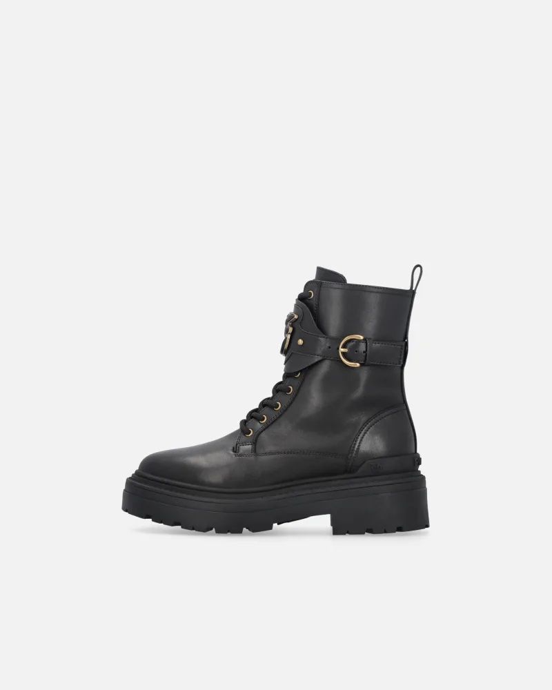 Pinko Chunky Platform Black Leather Boots With Decorative Buckle In Black