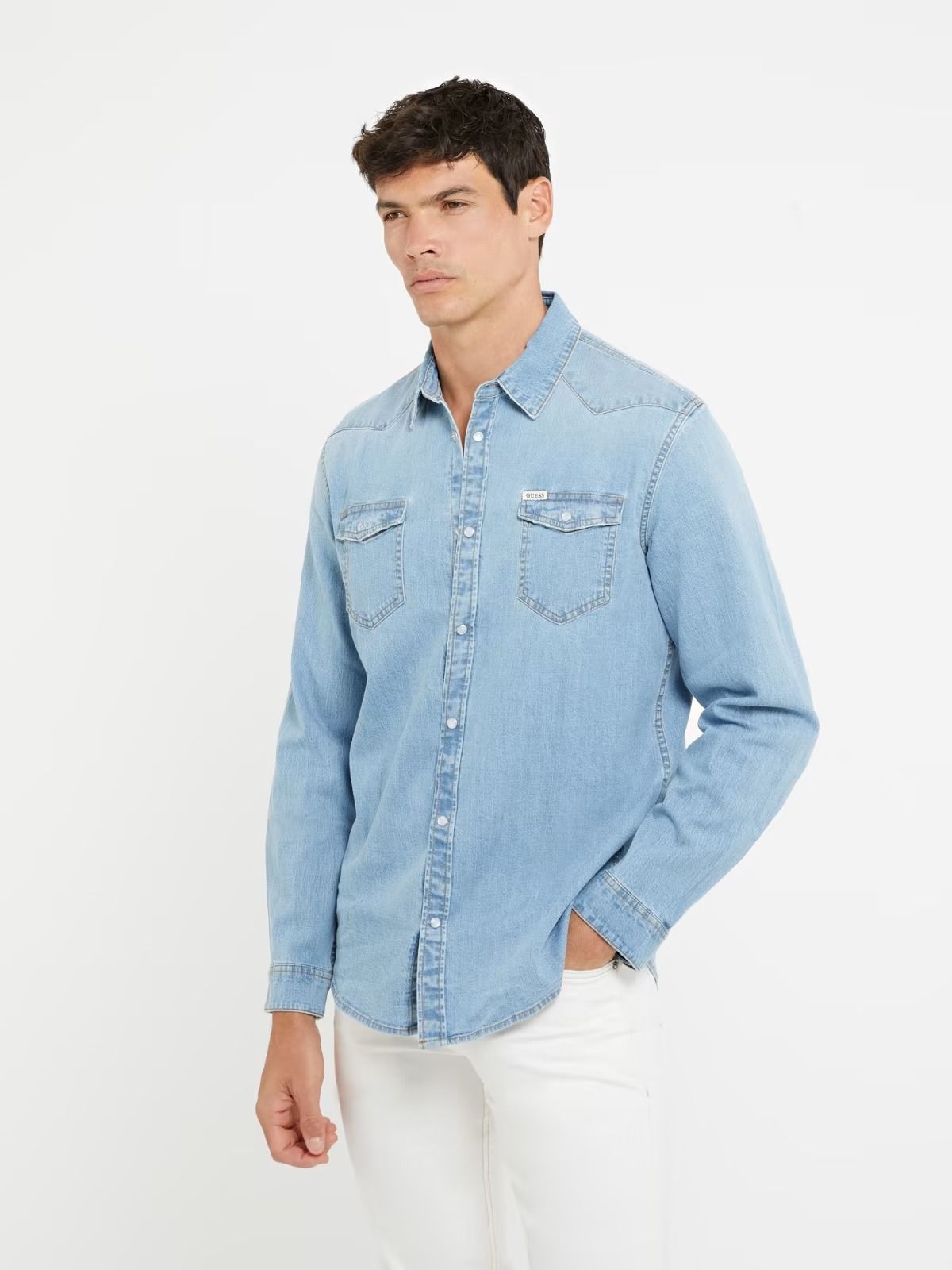 Guess Shirts Man M4gh02 D3pf5 Trucks M3d1 In Blue