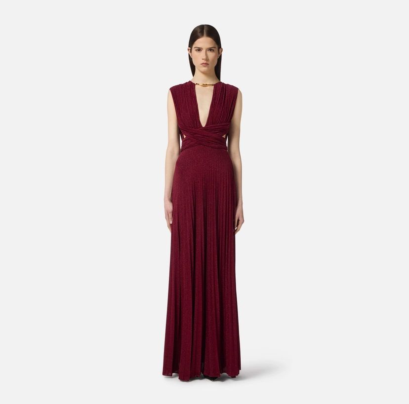 Elisabetta Franchi Burgundy Evening Dress With Deep V-neckbodice In Brown