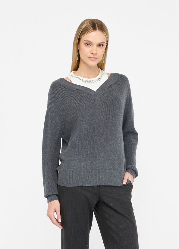 Liu •jo Grey Knit Sweater With Jewel-embroidered Inserts In Gray