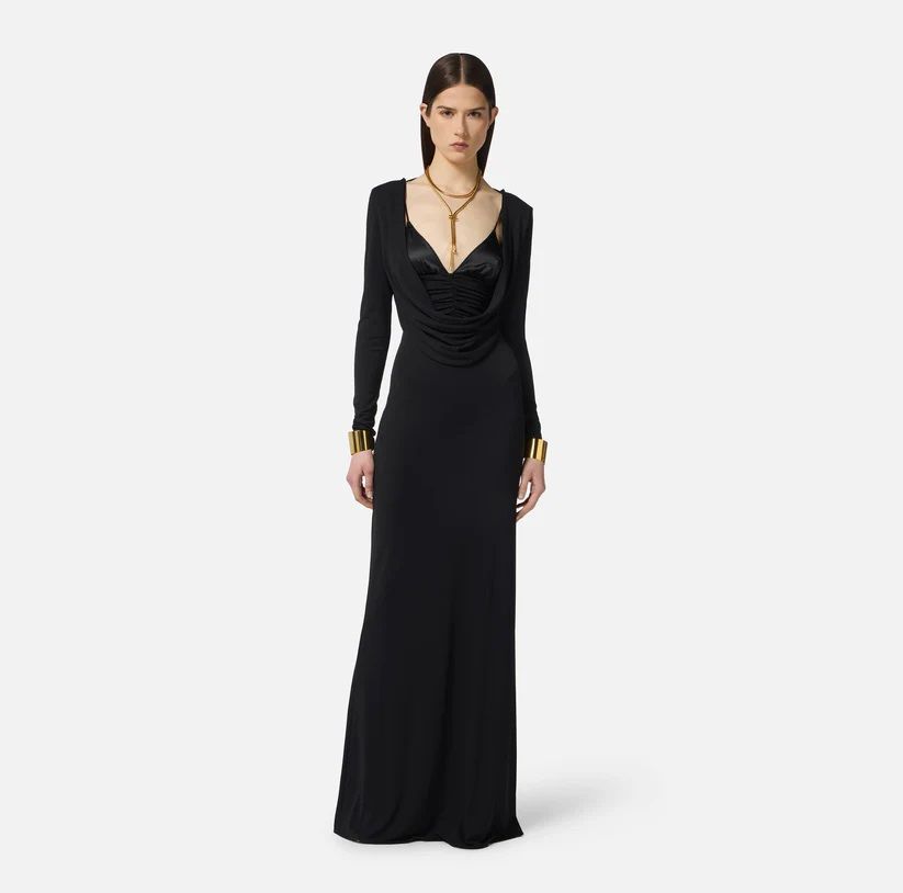 Elisabetta Franchi Draped Black Maxi Dress With Deep Neckline In Black