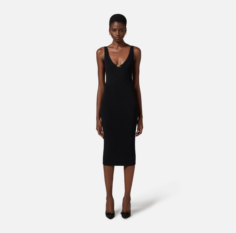Elisabetta Franchi Bow Ribbed Dress In Black