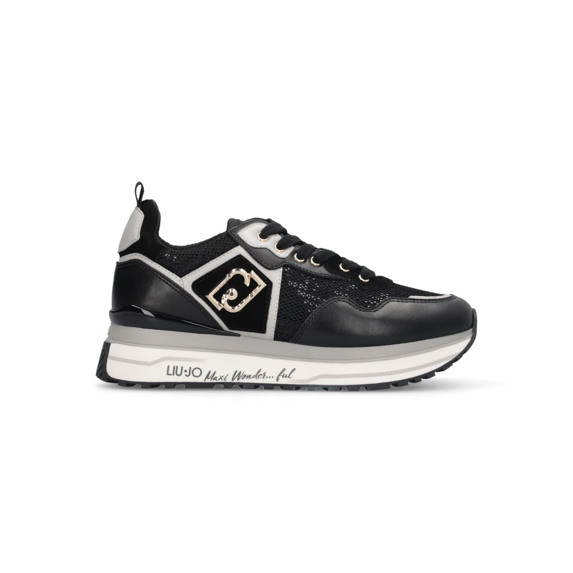 Liu Jo Damen Plattform Maxi Wonder 01 Sneaker in Mesh Leder und Pailletten mit Schwarz Multilayer Sole