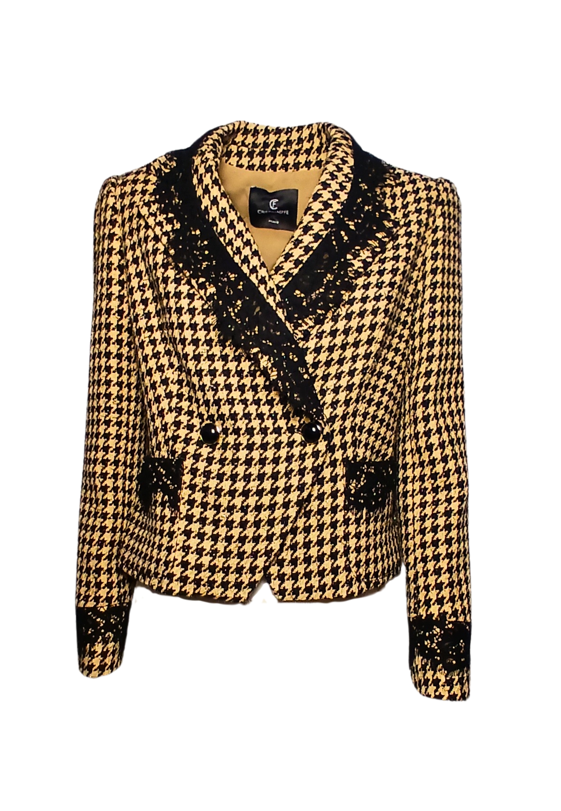 Giacca Donna Cristina Effe Giacca doppio petto con rever a lancia, in motivo pied-de-poule nero e beige, rifinito con dettagli in pizzo nero.