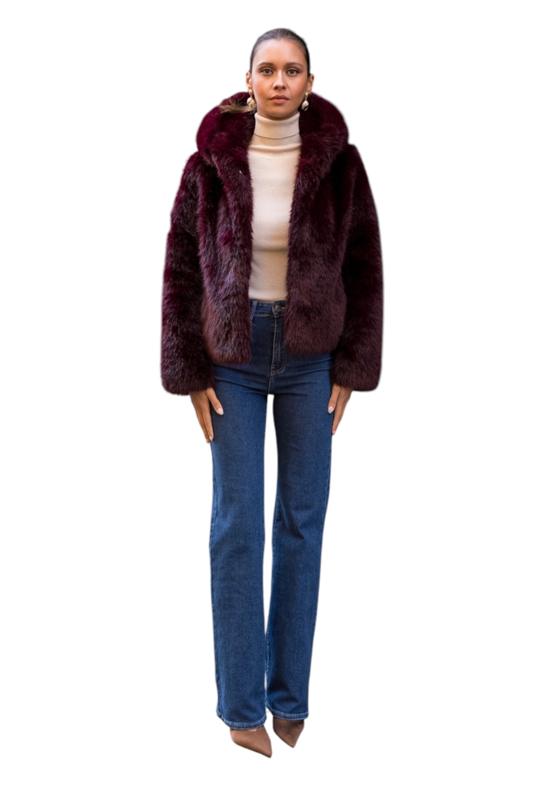 Attentif-paris Short Coat In Faux Fur Long With Hood Woman Attentif Paris In Burgundy