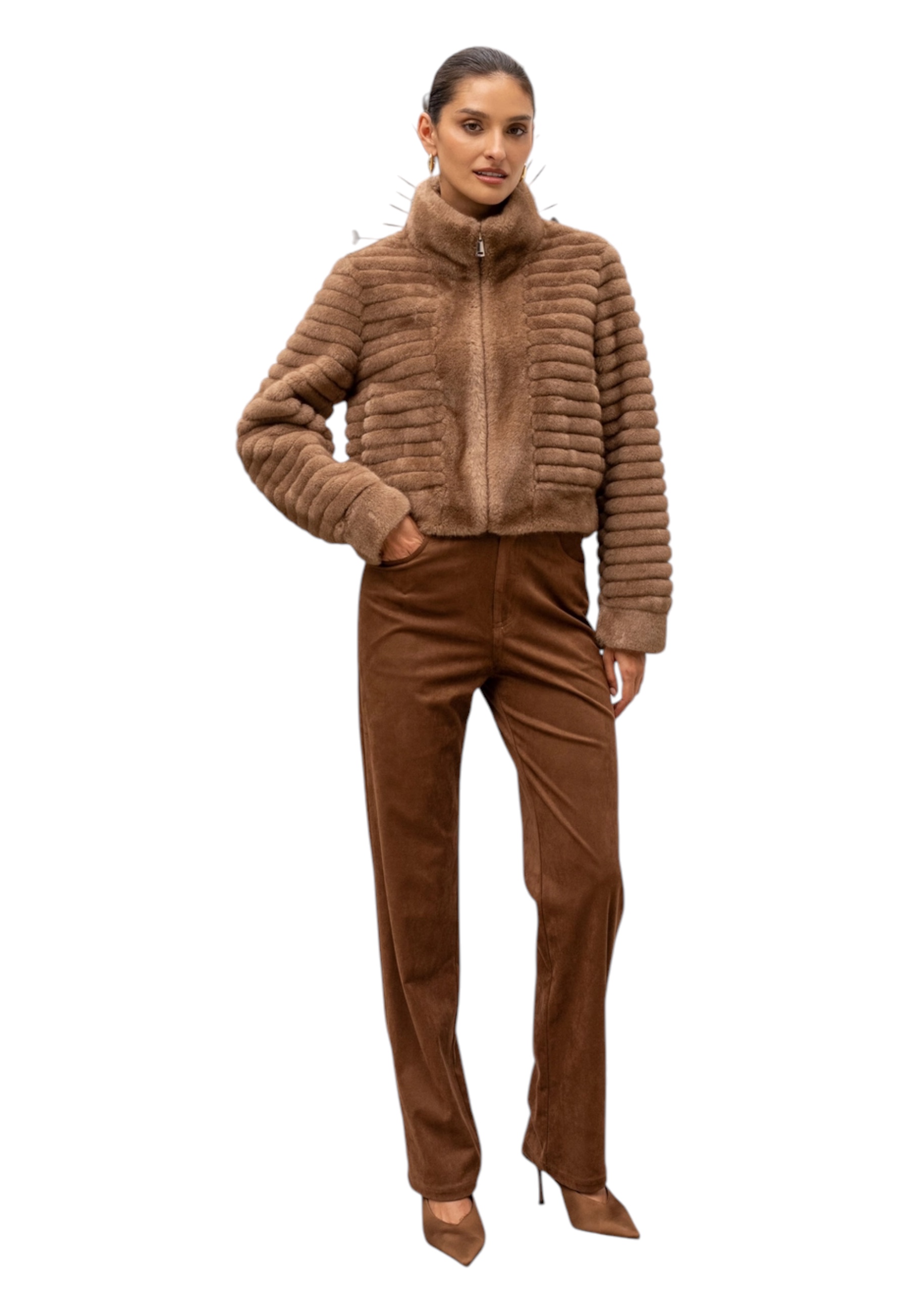 Attentif-paris Short Coat In Synthetic Fur With Horizontal Bands Woman Attentif Paris In Brown
