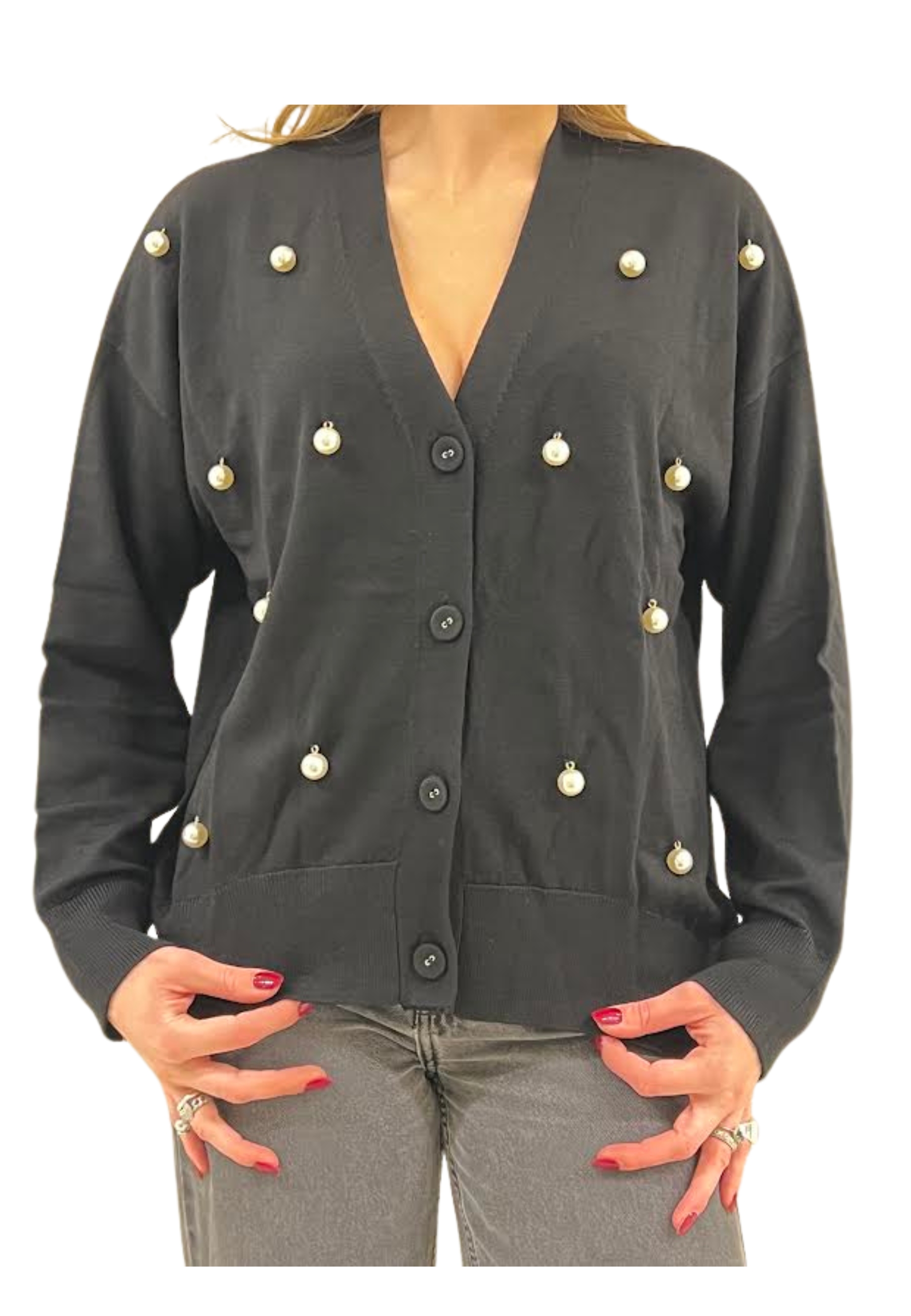 Meimeij Cardigan Woman With Details With Pearls In Gray