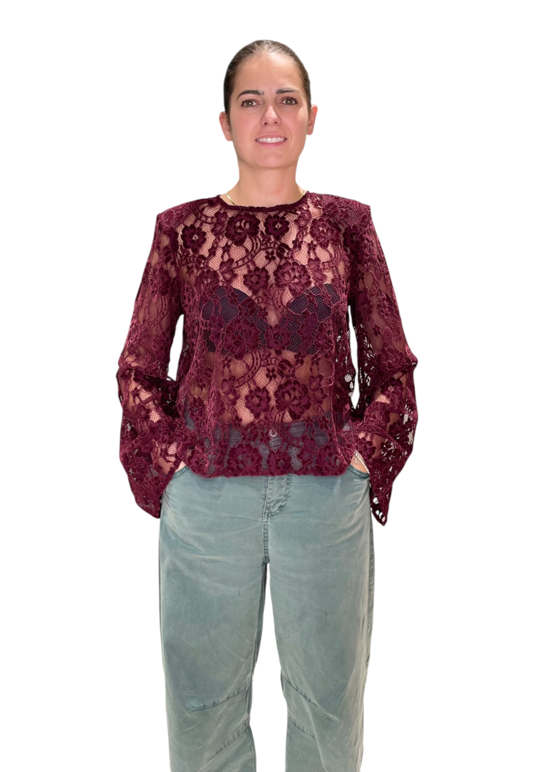 Please T-shirt Lace Woman  In Burgundy