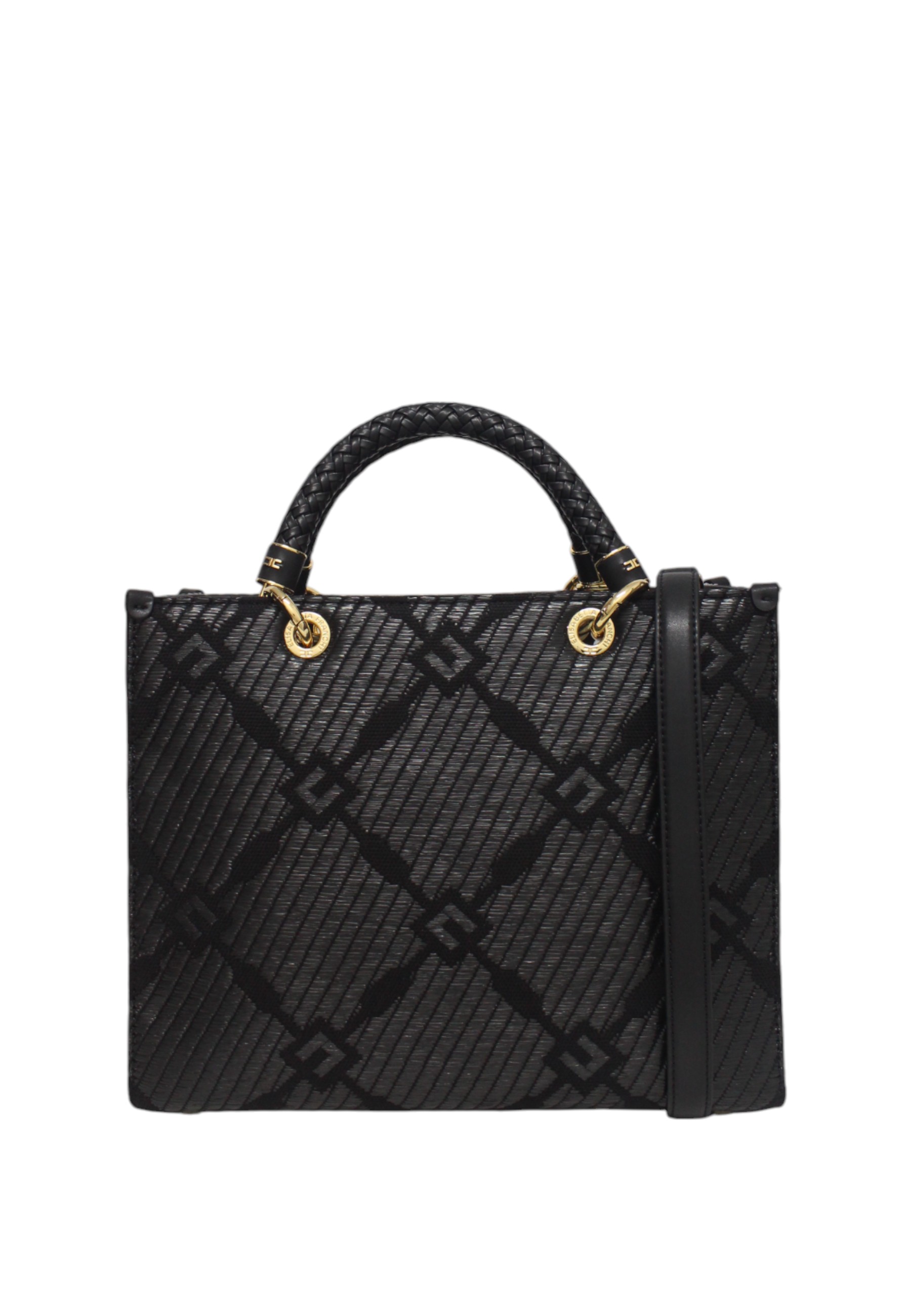 Elisabetta Franchi Tote Bag With Detachable Strap And Textured Pattern In Black