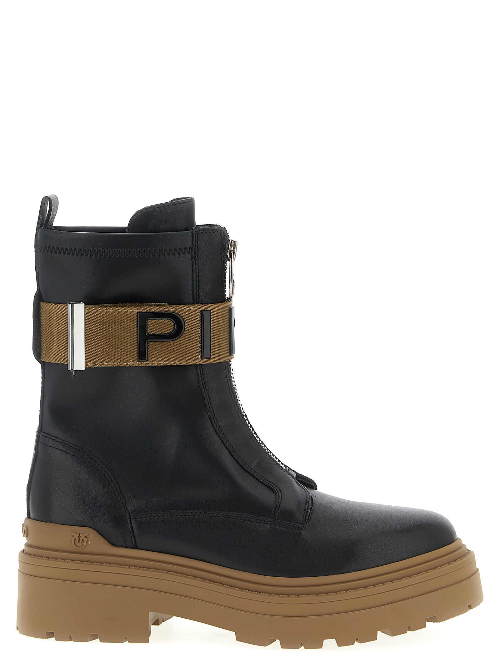Pinko Stretch Leather Biker Lace-up With Gold Buckle In Black