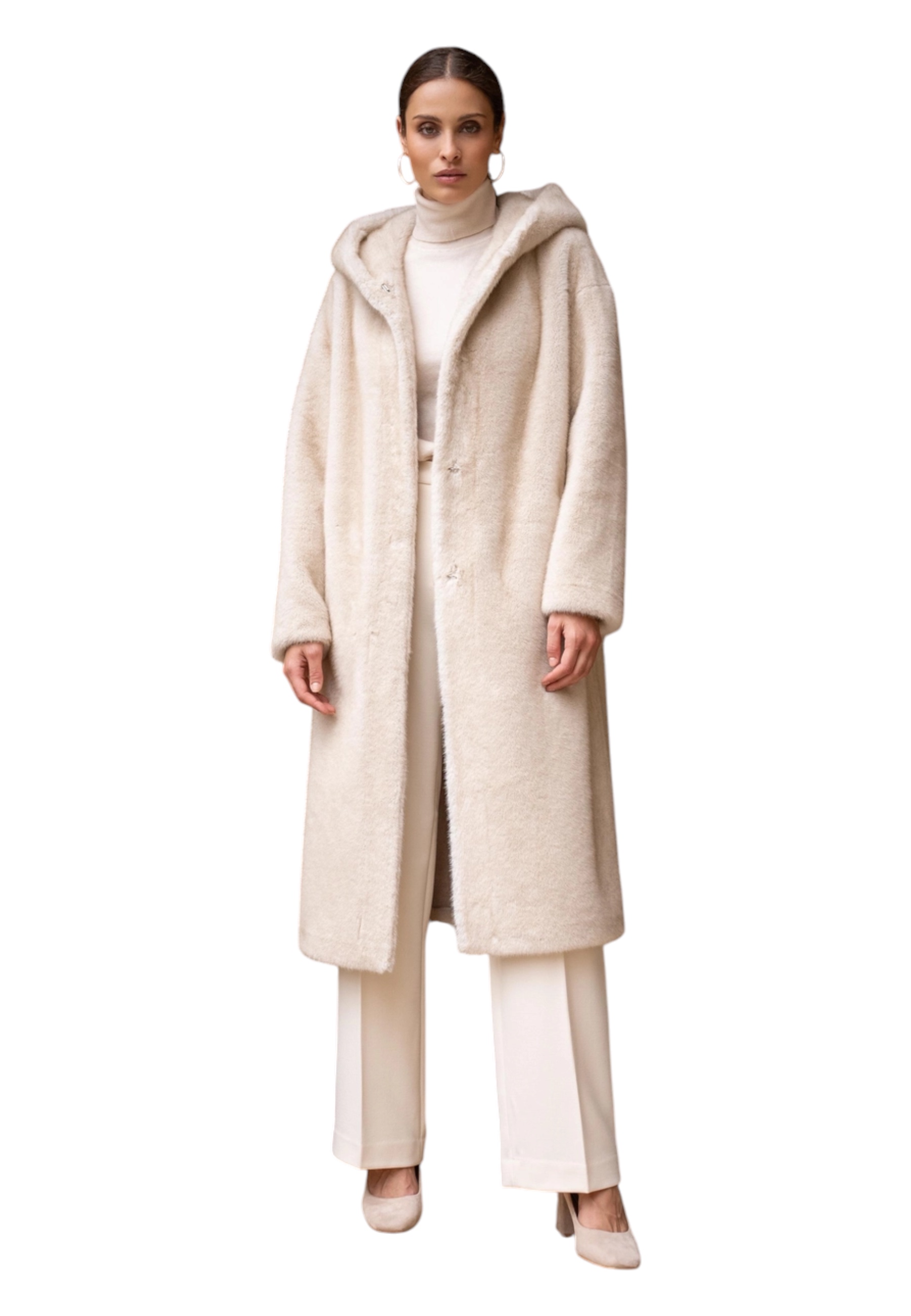 Attentif-paris Long Coat In Synthetic Fur With Hood Woman Attentif Paris In Sand