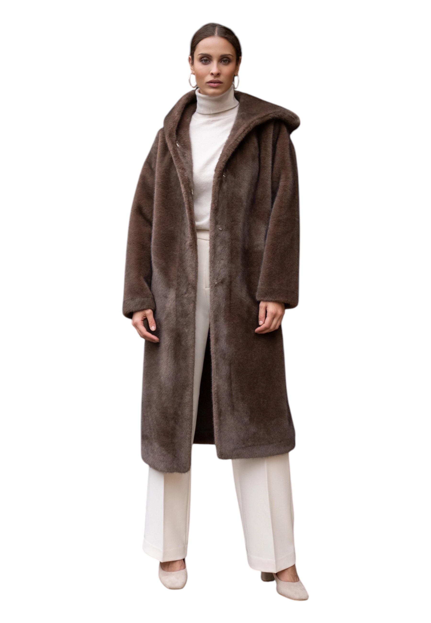Attentif-paris Long Coat In Synthetic Fur With Hood Woman Attentif Paris In Brown