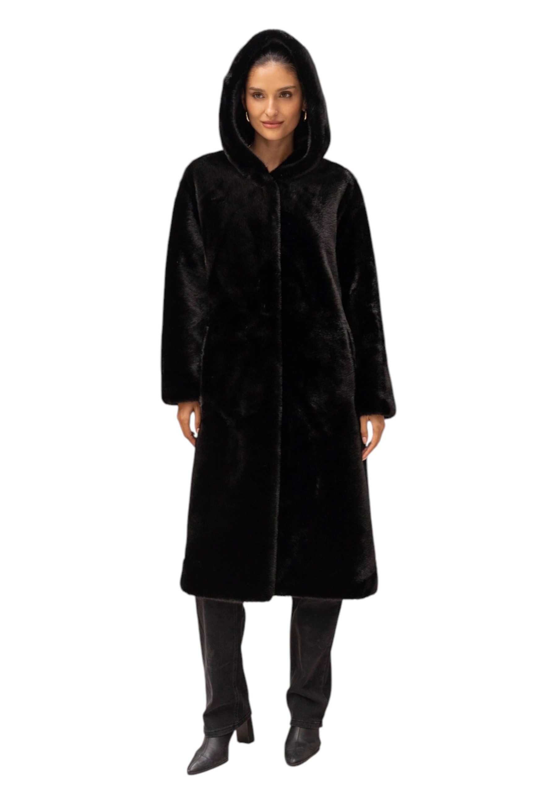 Attentif-paris Long Coat In Synthetic Fur With Hood Woman Attentif Paris In Black
