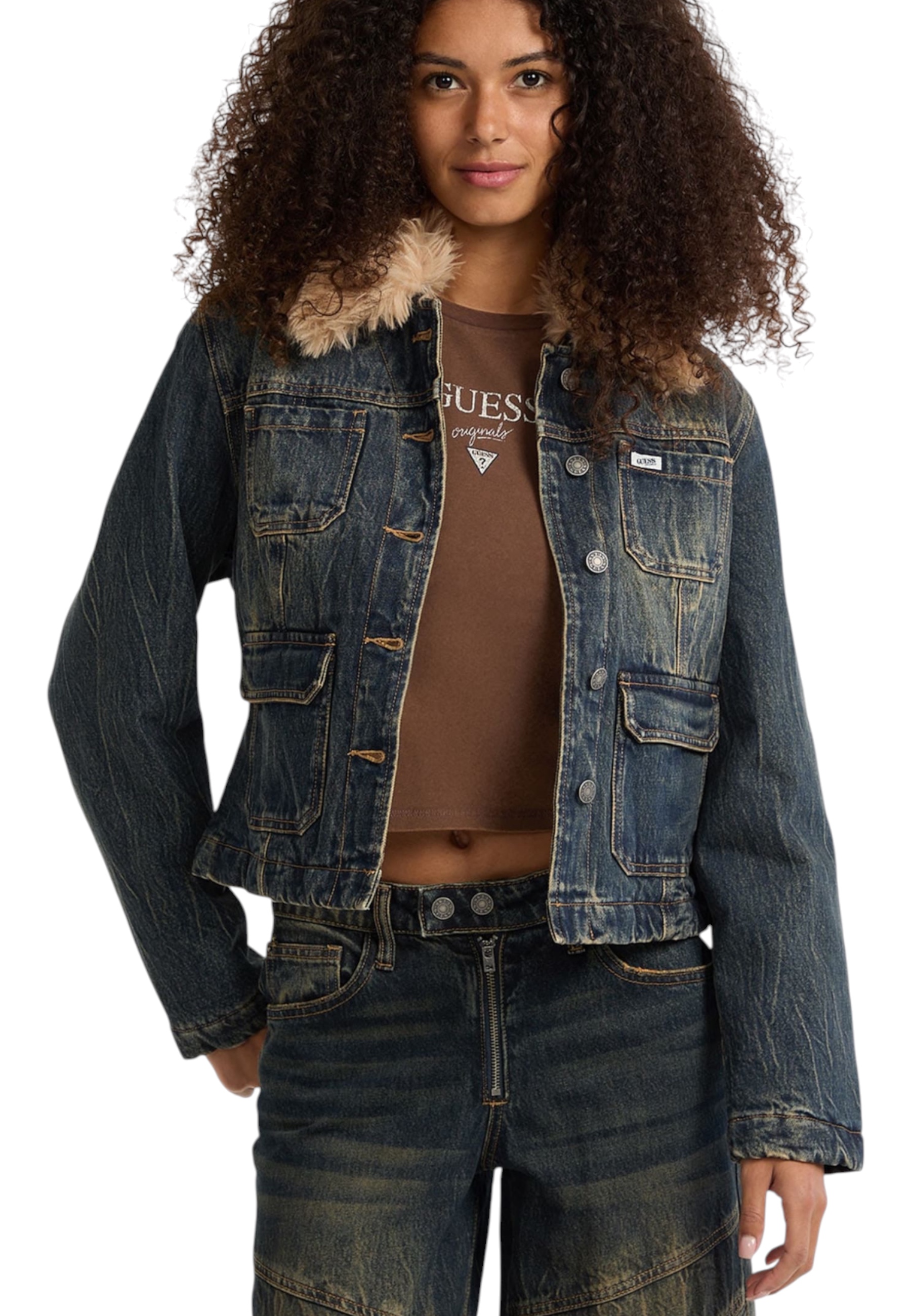 Guess Originals Jeans Jacket With Synthetic Fur Woman In Blue