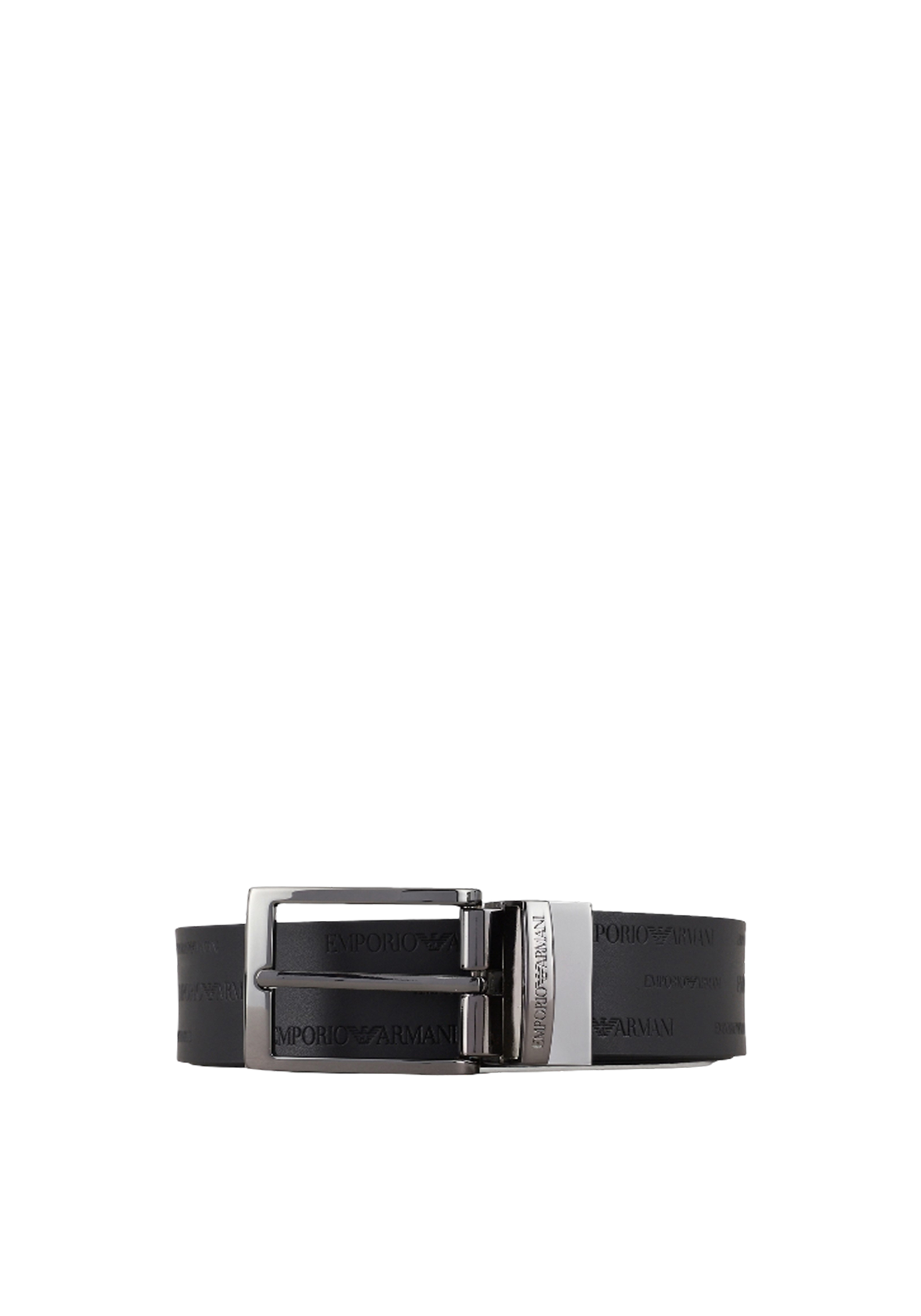 Emporio Armani Official Store Reversible Leather Belt With All-over Embossed Lettering In Black