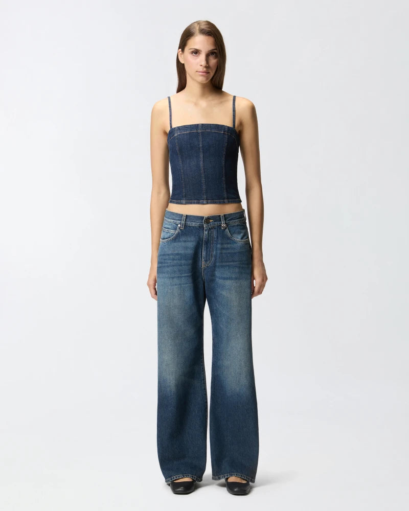 Pinko Wanda Wide Leg Jeans In Medium Dark Vintage Wash In Blue