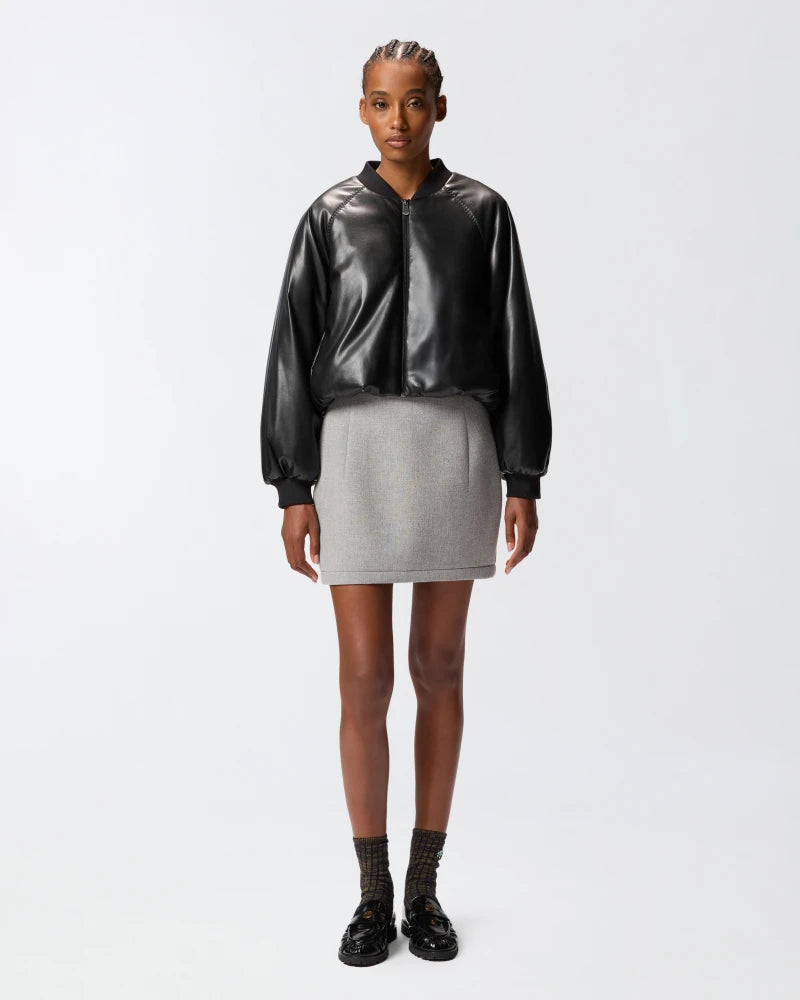 Pinko Oversized Black Bomber Jacket In Faux Leather In Gray