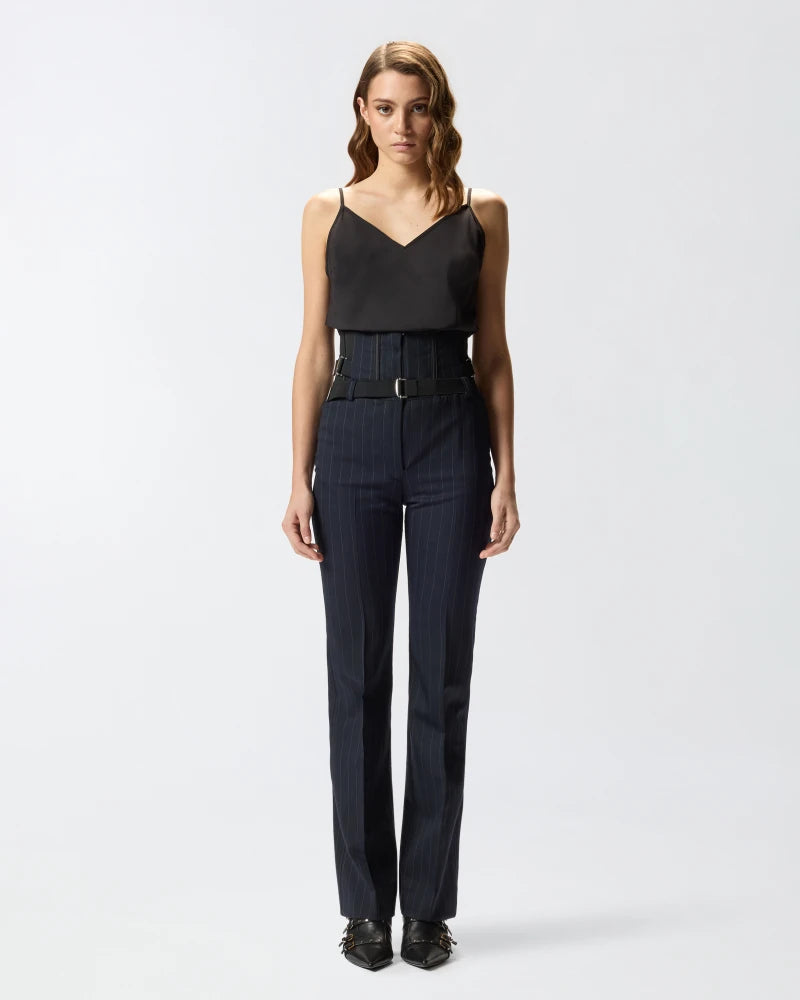Pinko Tailored Trousers With High Waist And Adjustable Belt In Blue
