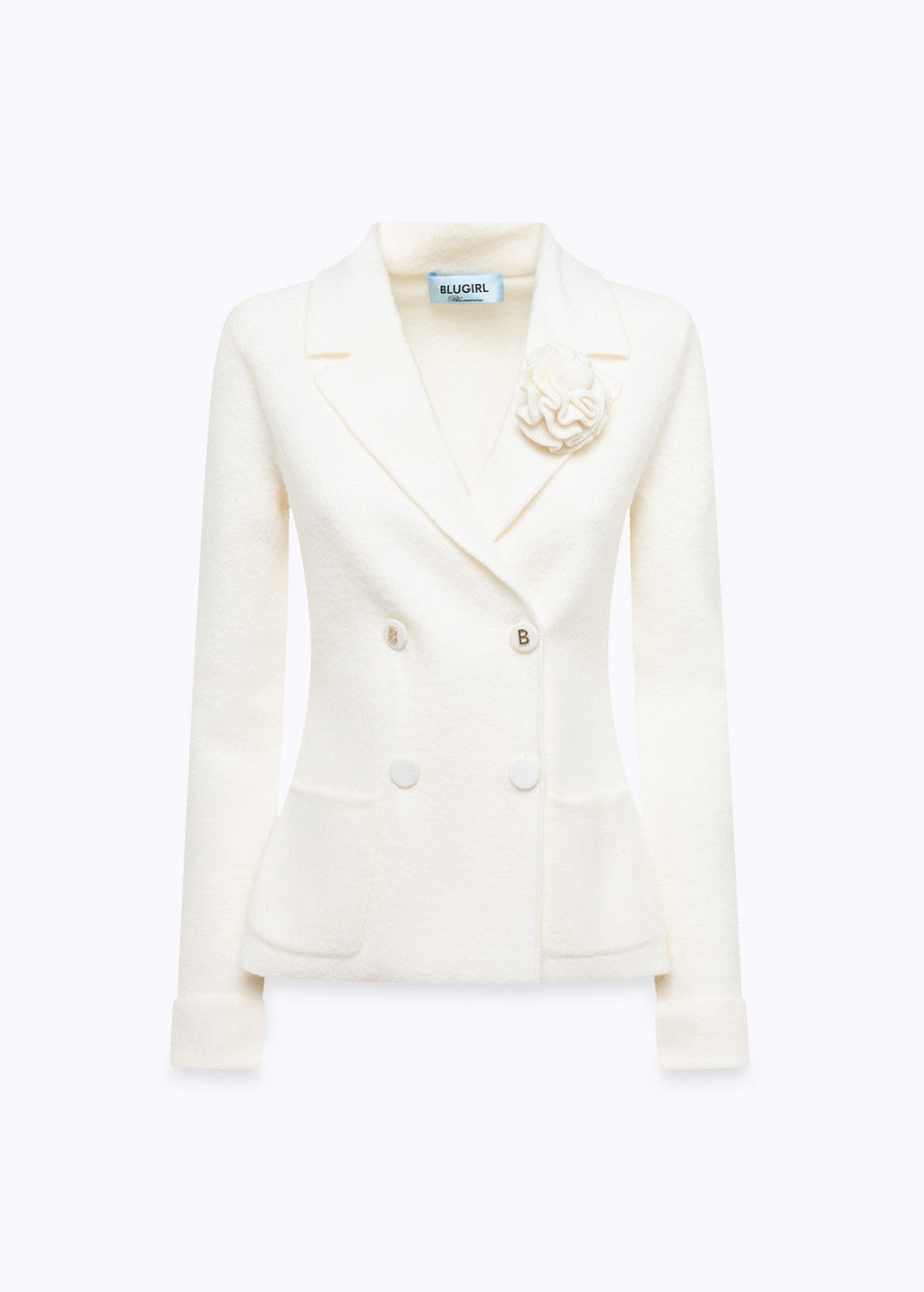 Blugirl Tailored Double-breasted Jacket With Textured Fabric And Decorative Flower In White