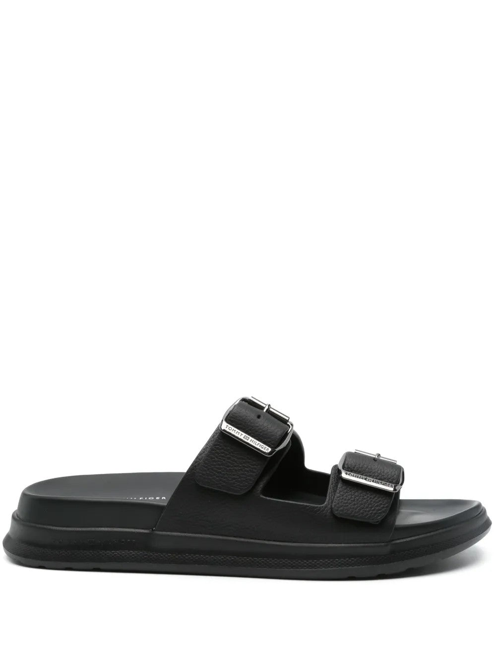 Leather slides sandals with buckle