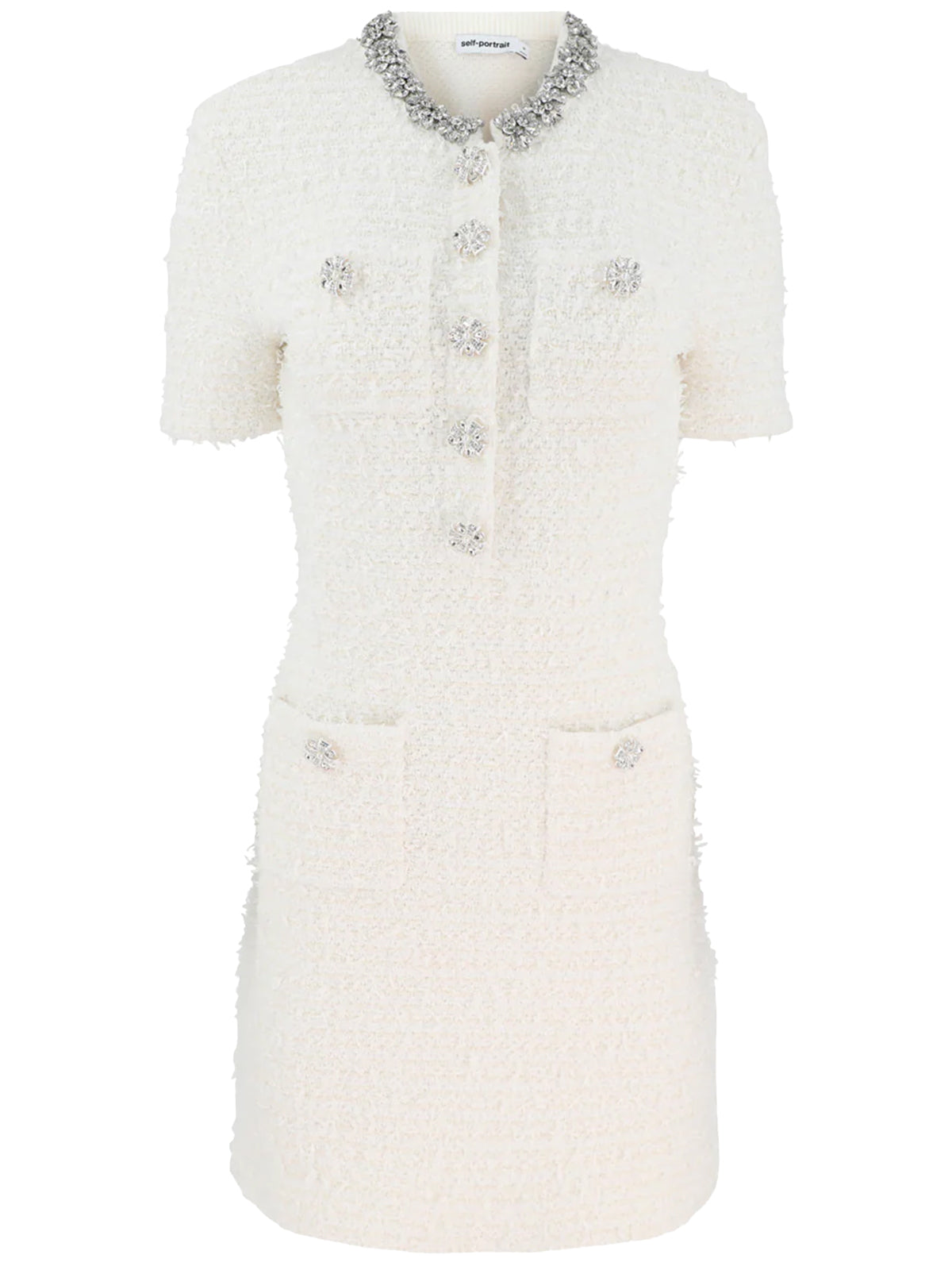 Self-portrait Mini Dress With Knit Tweed Texture And Crystal Accents In Neutral