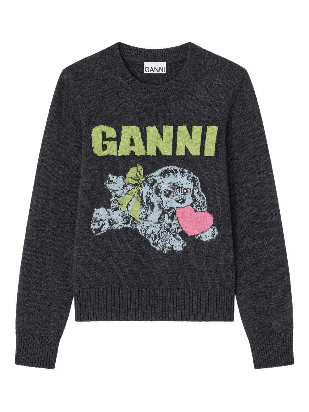 Ganni Playful Puppy Love Graphic Wool Blend Crewneck Sweater In Black