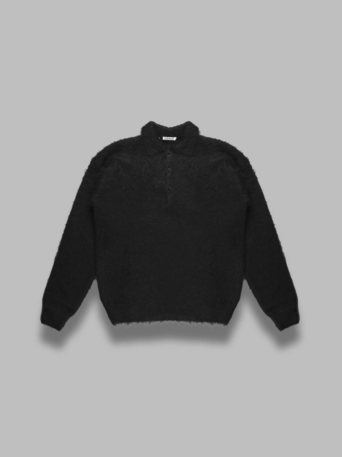 Auralee Brushed Super Kid Mohair Knit Polo In Black