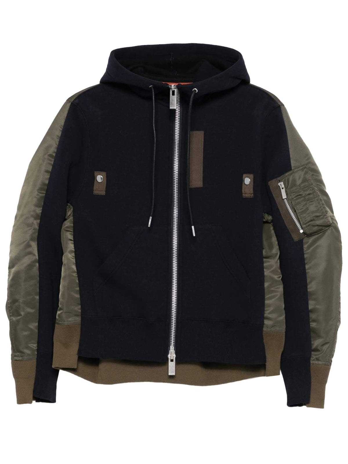 Sacai Midnight Blue Zip-through Hoodie With Contrasting Olive Satin Sleeves In Black