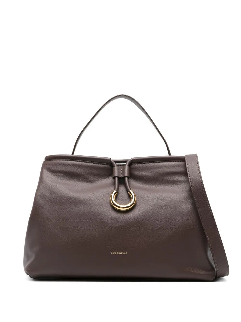 Coccinelle Structured Brown Calfskin Handbag With Gold-tone Detail In Brown