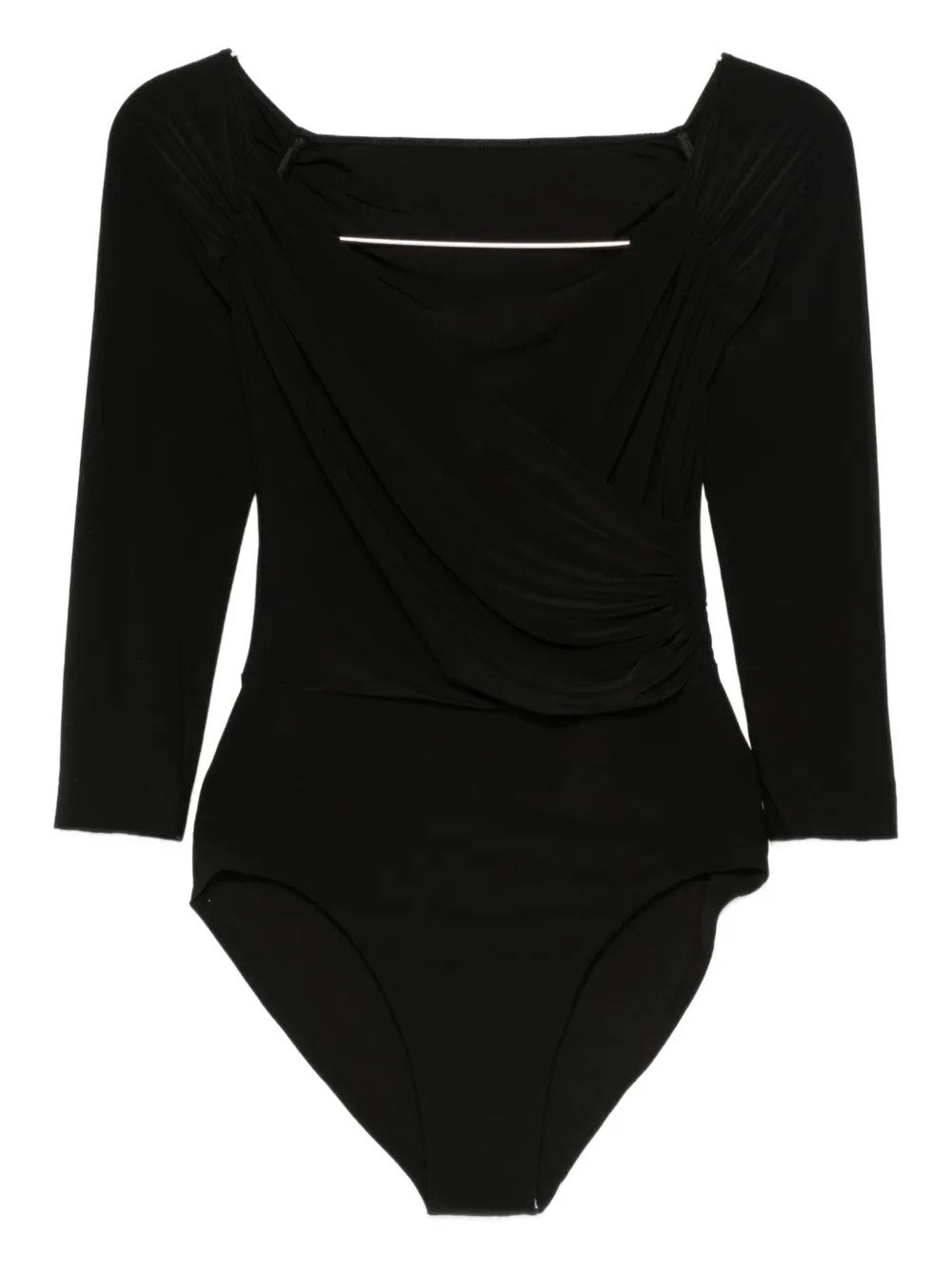Norma Kamali Draped Black Bodysuit Top With Deep V-neckline In Black