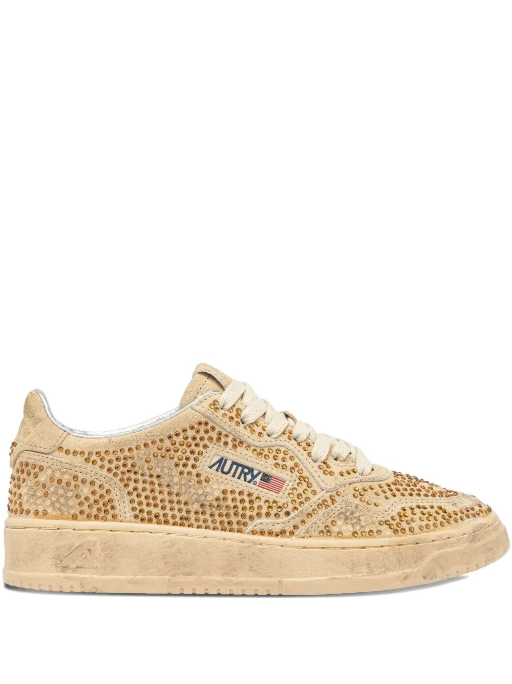 Autry Medalist Low Sneakers In Bronze Suede With Crystal Micro Rhinestones Shoes In Brown