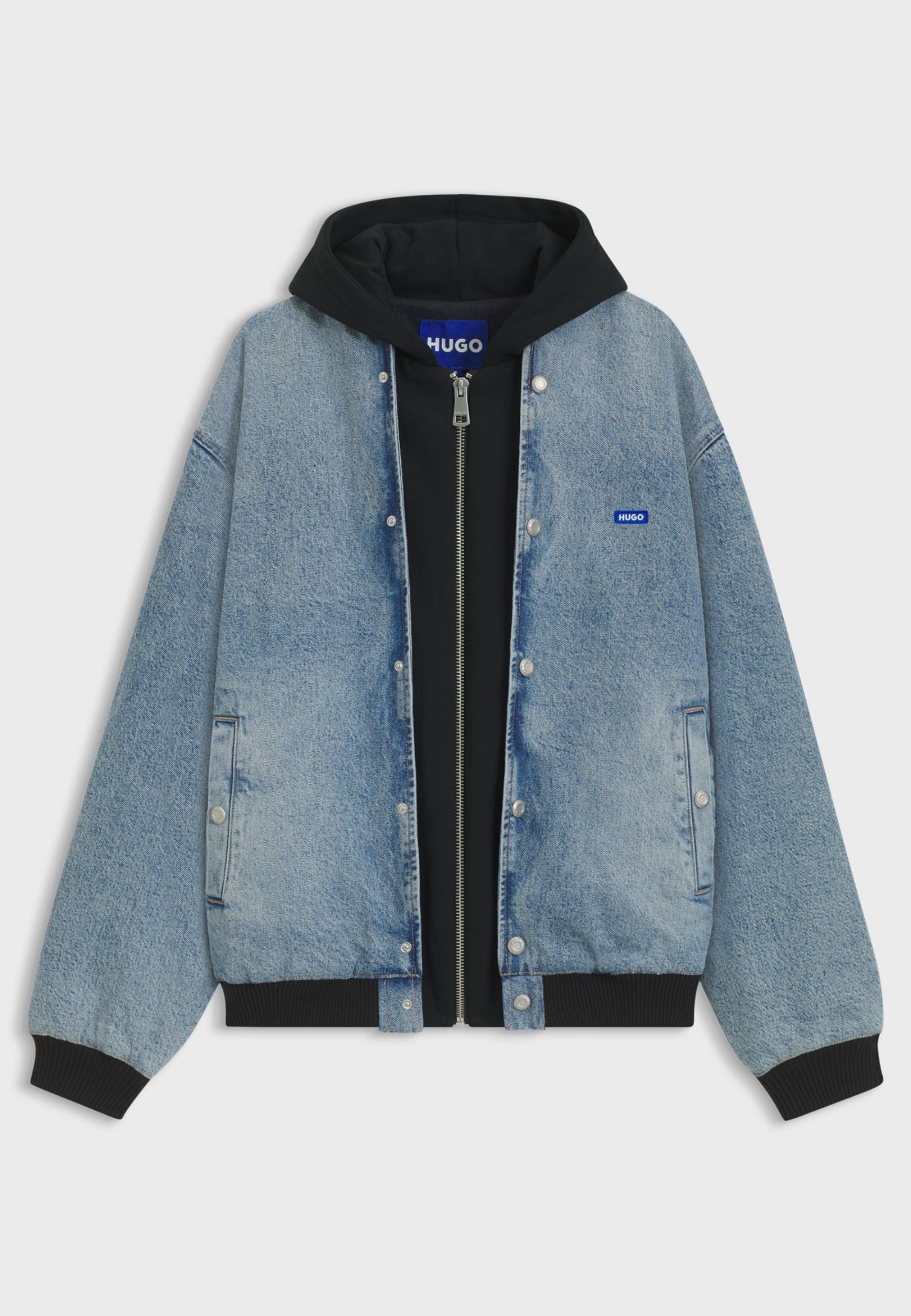 Hugo Boss Denim Bomber Jacket With Hooded Jersey Panel In Blue