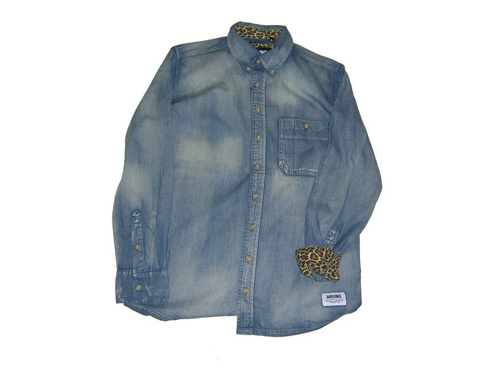 Wrung Men's Long Sleeve Shirt  Shirt L/s "the Works" Denim/leopard